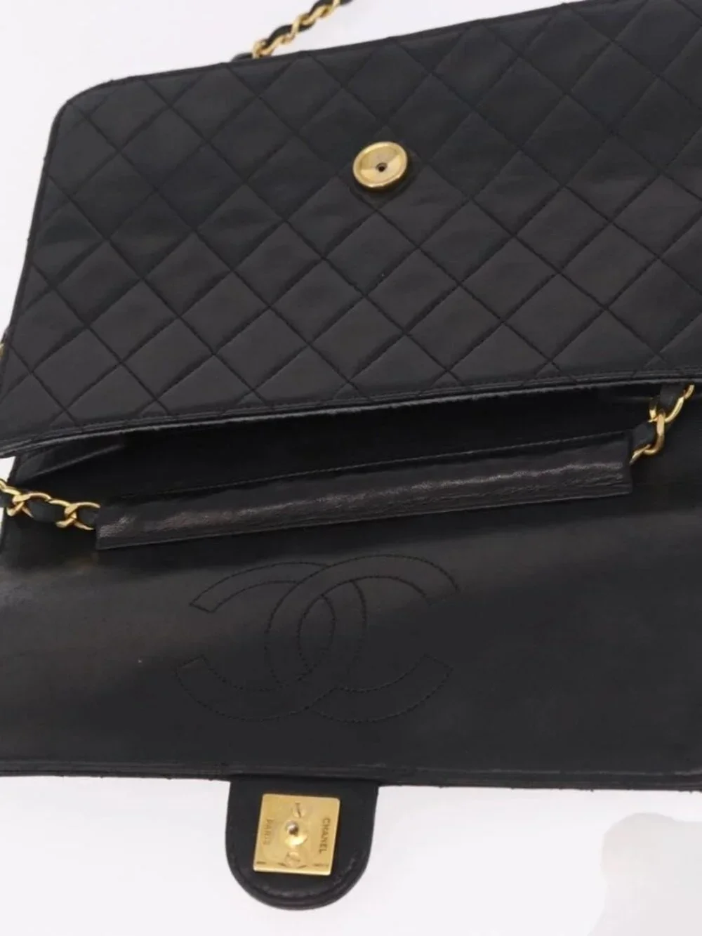 CHANEL Chain Shoulder Bag Lamb Skin Black Gold CC Auth 143810